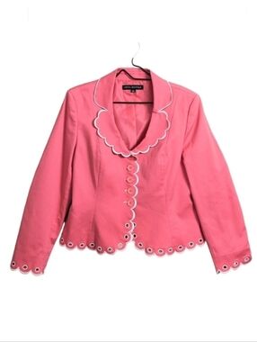 Nipon Boutique Pink Blazer Jacket Button Front Embroidered Scalloped Trim 14